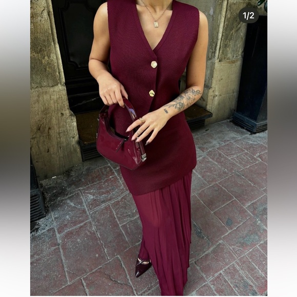 Zara NWT burgundy drop waist double layered underlay mixed pleated knit skirt - Picture 4 of 15